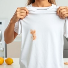 Pessoa segura camiseta branca com mancha de um lado e outro limpo; mesa com produtos naturais para tirar manchas de roupa branca.