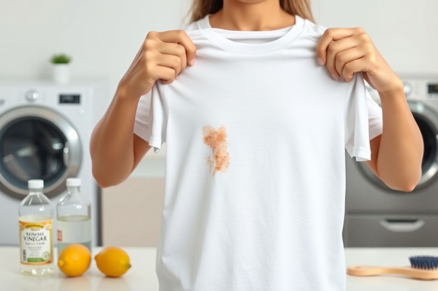 Pessoa segura camiseta branca com mancha de um lado e outro limpo; mesa com produtos naturais para tirar manchas de roupa branca.