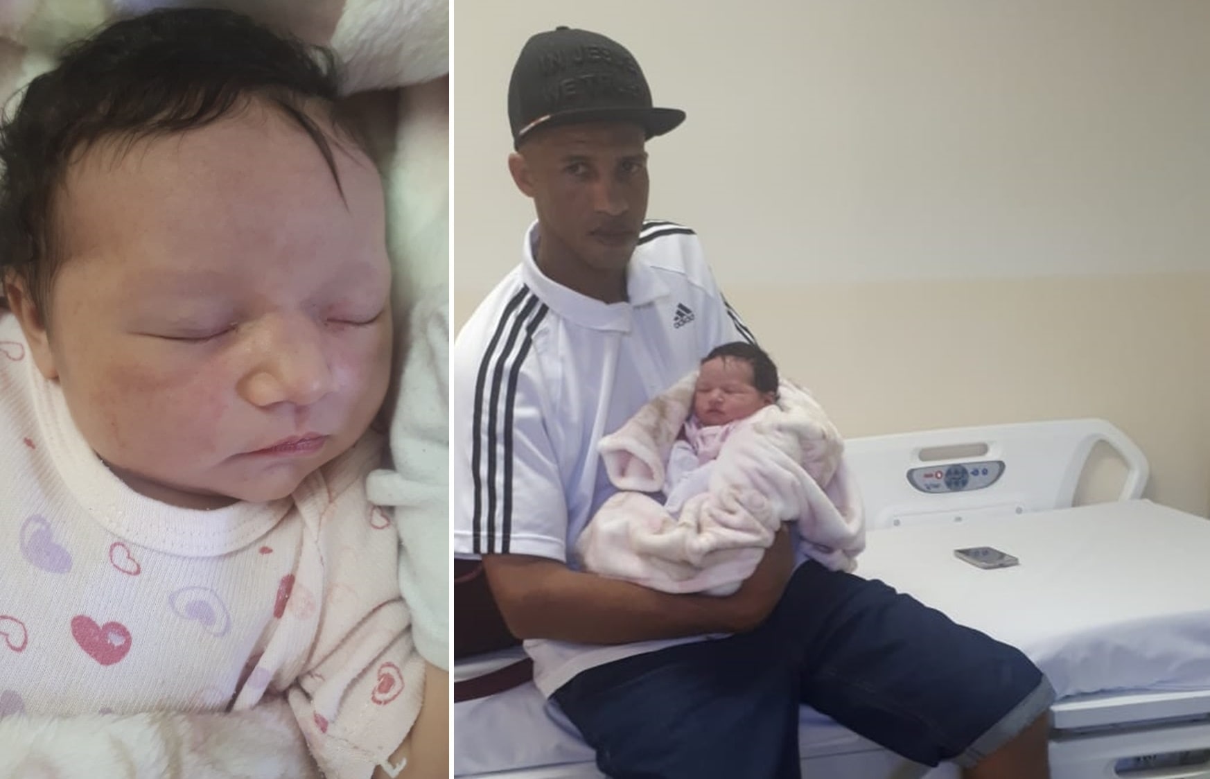 Ana Clara dormindo, à direita; Ana Clara nos braços do pai Edenilson, à esquerda.