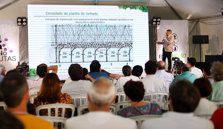 Homem palestrando sobre plantio de uva