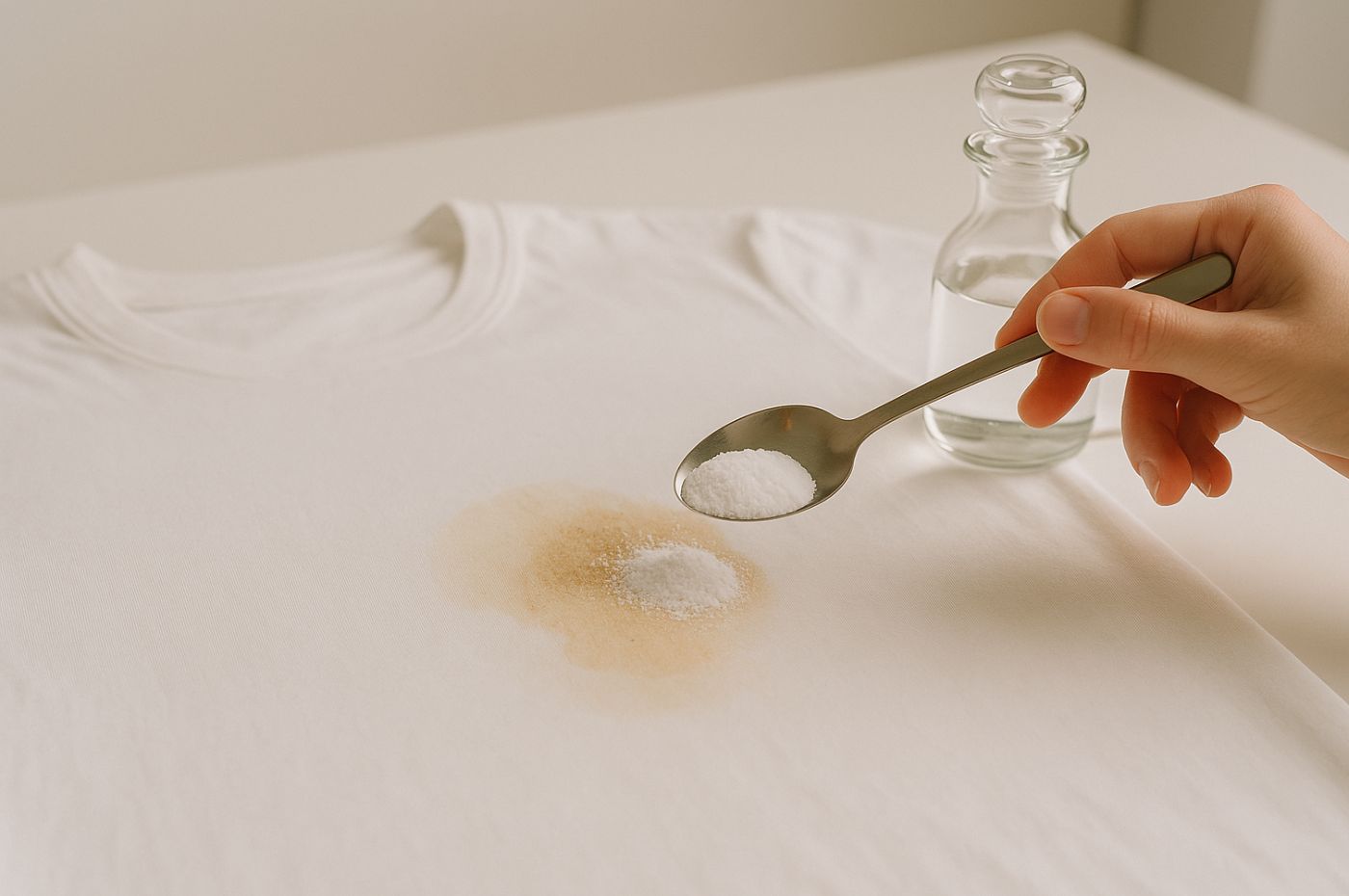 Camisa branca com mancha sendo tratada com bicarbonato de sódio e vinagre para tirar manchas de roupa branca.