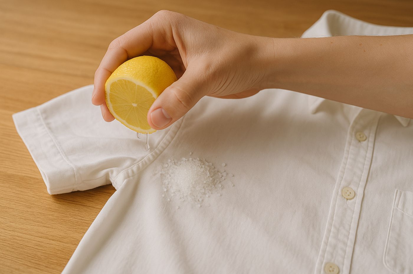 Mão espremendo limão sobre mancha na axila de camisa branca com sal grosso para tirar manchas de roupa branca.