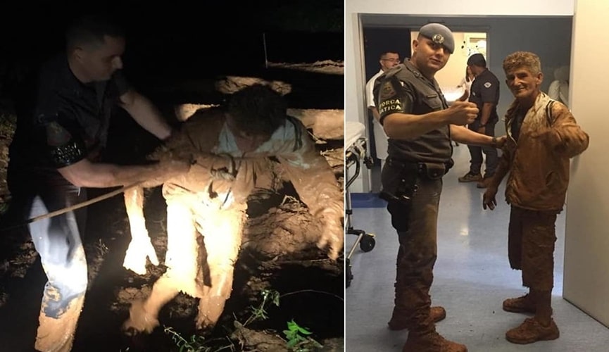 Foto de idoso sendo retirado da lama pelos policiais militares, à esquerda; mesmo senhor em hospital, à direita
