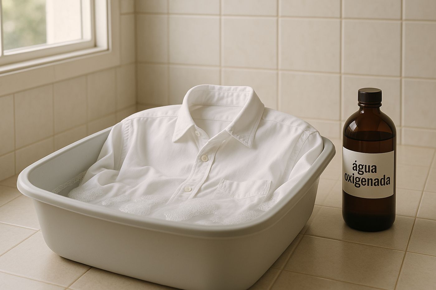 Camisa branca de molho em bacia com água oxigenada ao lado. Espuma visível para tirar manchas de roupa branca.