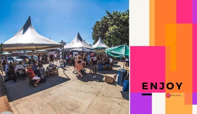 Bar com pessoas e toldos, à esquerda; arte ilustrativa com o logotipo da feira, à direita