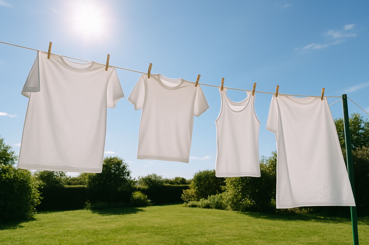 Roupas brancas penduradas no varal sob sol forte e céu azul para tirar manchas de roupa branca.