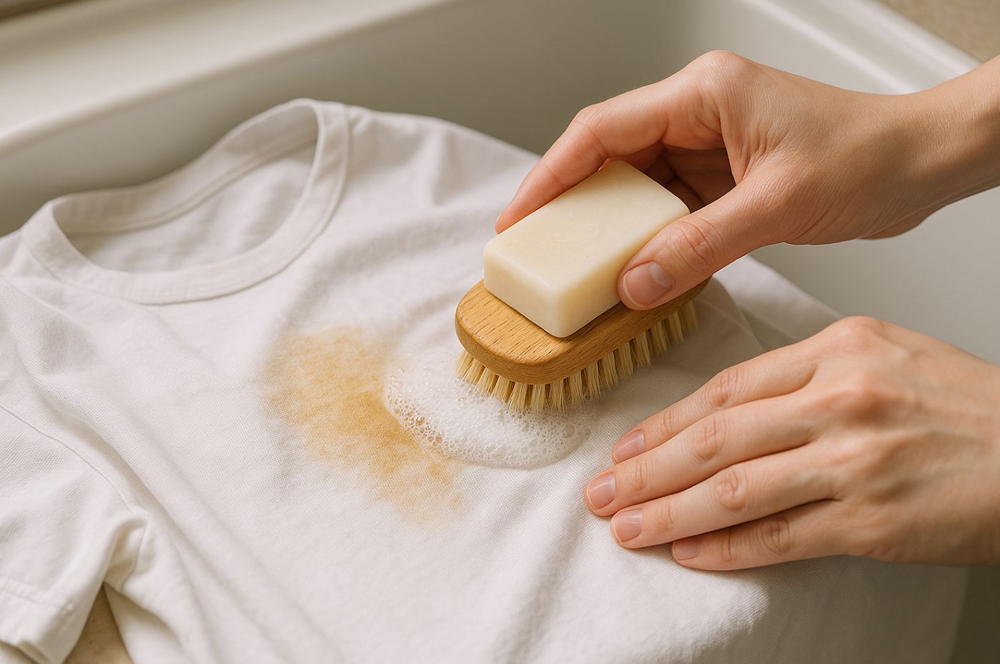 Mão usando escova e sabão em barra para tirar manchas de roupa branca sobre pia.