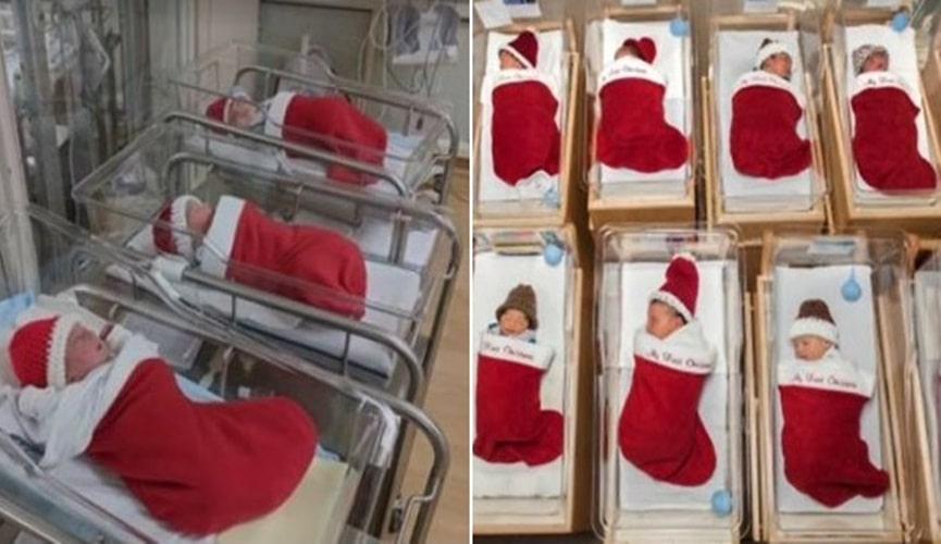 Recém-nascidos dentro de meia de Natal