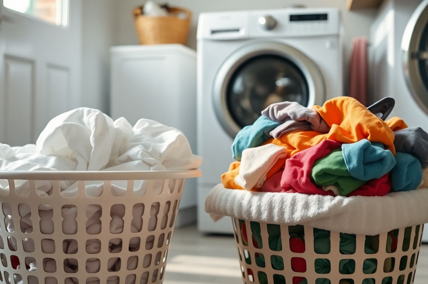 Dois cestos de roupa em lavanderia; um com roupas brancas e outro com roupas coloridas.