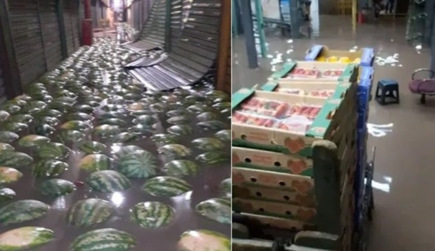 Foto de melancias e caixas de morango boiando em água de enchente em SP