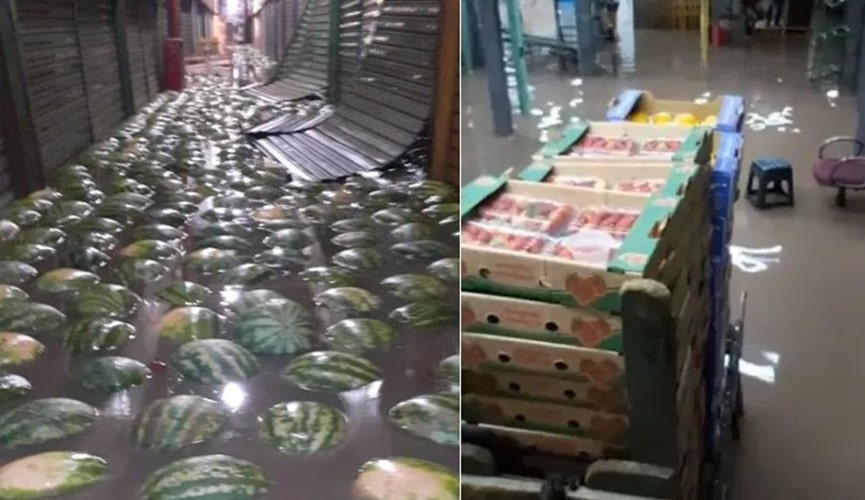 Foto de melancias e caixas de morango boiando em água de enchente em SP