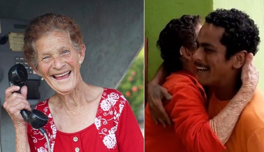 Senhora em orelhão público, à direita; senhora abraçando coletor, à esquerda