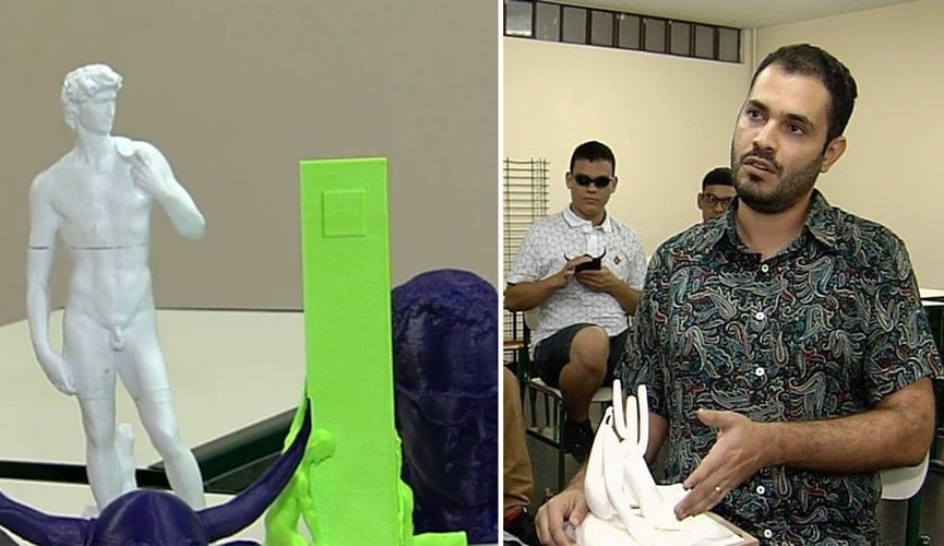 Monumentos em 3D, à esquerda; professor com alunos cegos, à direita