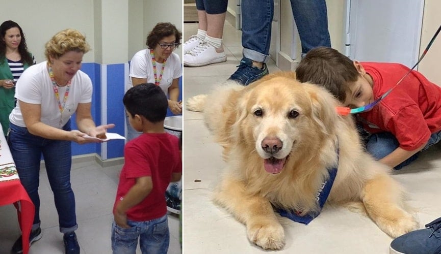 Foto de criança recebendo bolo, à direita; foto de criança abraçada com cachorro, à esquerda