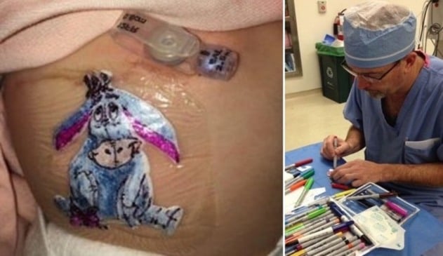 Curativo desenhado, à esquerda; médico desenhando, à direita