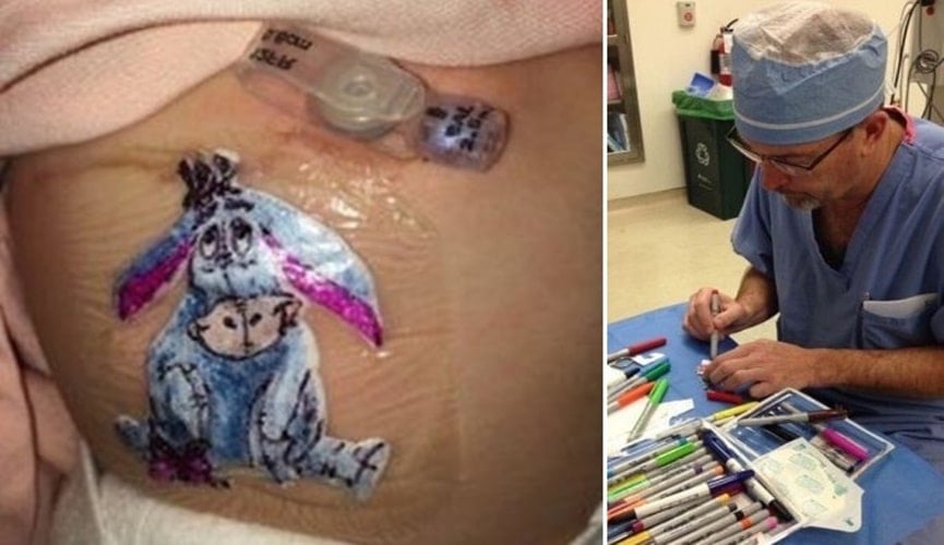 Curativo desenhado, à esquerda; médico desenhando, à direita Curativo desenhado, à esquerda; médico desenhando, à direita