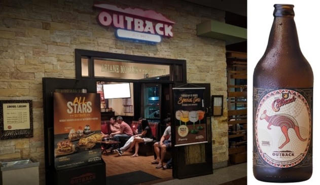 Fachada do Outback, à esquerda; garrafa de cerveja, à direita