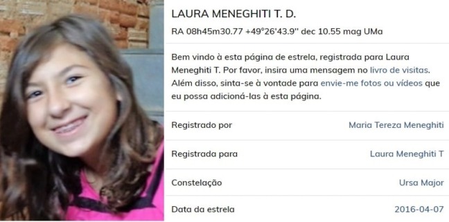 Além da estrela, Laura ganhou uma página com depoimentos, fotos e poemas (Foto: Reprodução/JundiAqui)