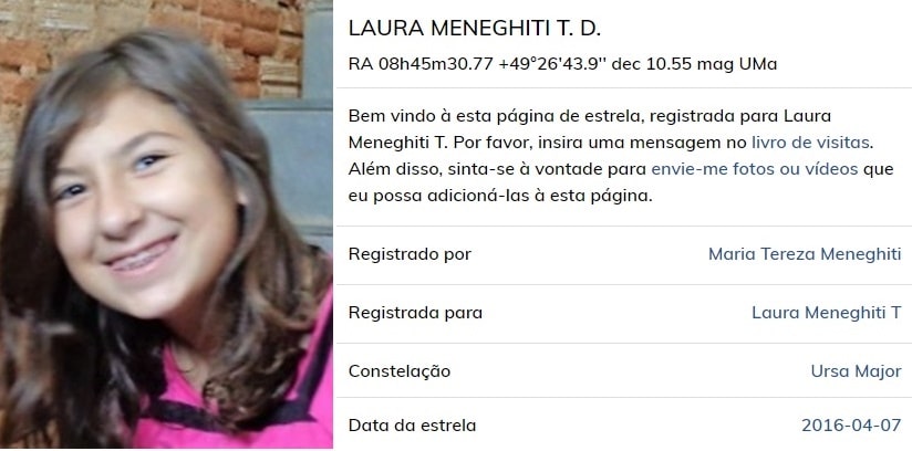 Além da estrela, Laura ganhou uma página com depoimentos, fotos e poemas (Foto: Reprodução/JundiAqui)
