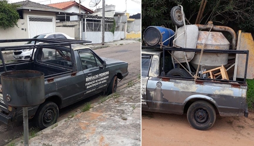 Foto de caminhonete estacionada, à esquerda; foto de caminhonete estacionada com equipamentos, à direita