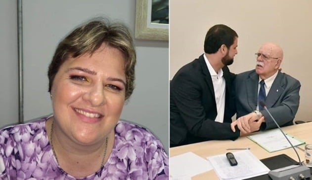 Selfie de mulher de cabelo curto, à direita; prefeito de Jundiaí, Luiz Fernando, abraçando senhor de idade.