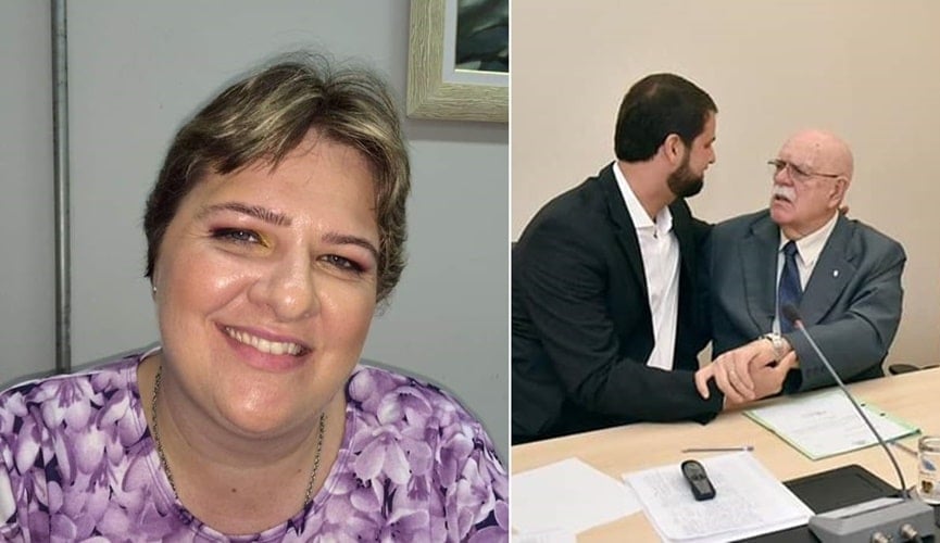 Selfie de mulher de cabelo curto, à direita; prefeito de Jundiaí, Luiz Fernando, abraçando senhor de idade.