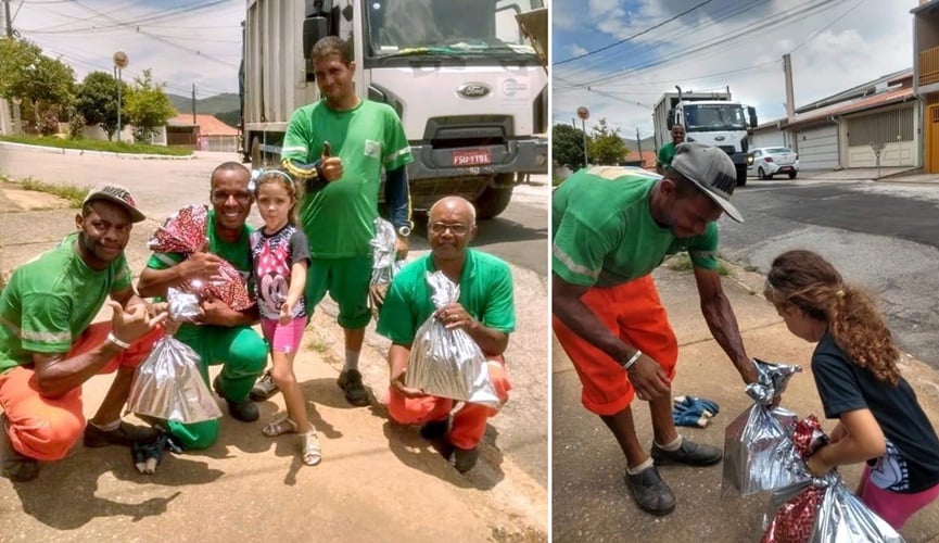 Criança ao lado de coletores de lixo