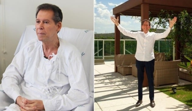 Homem em cama hospitalar, à direita; mesmo homem de pé em casa, à esquerda