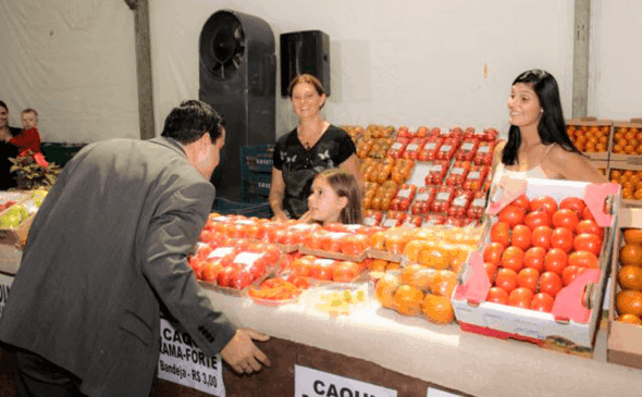 Visitantes observa frutas expostas em estande