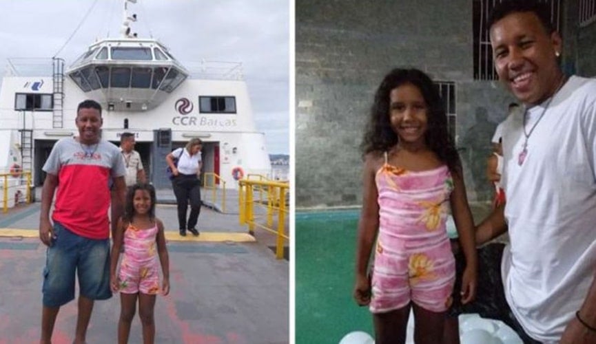 Homem e criança na frente de barco, à esquerda; homem e criança abraçados, à direita