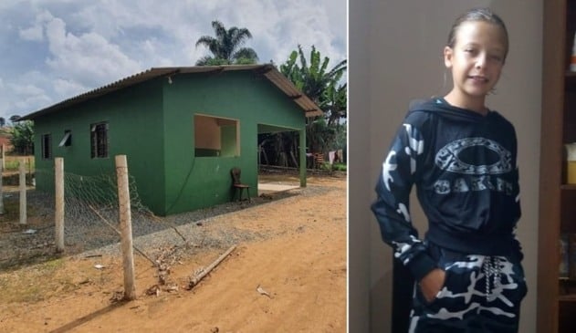 Foto de uma residência verde, à esquerda; foto de uma menina loira com moletom preto, à direta