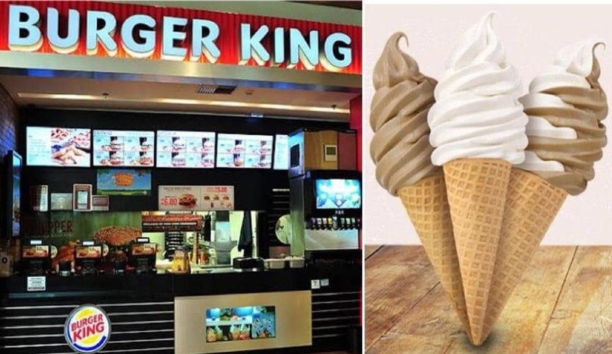 à esquerda, frente do restaurante Burger King; à direita, foto de sorvetes de casquinha