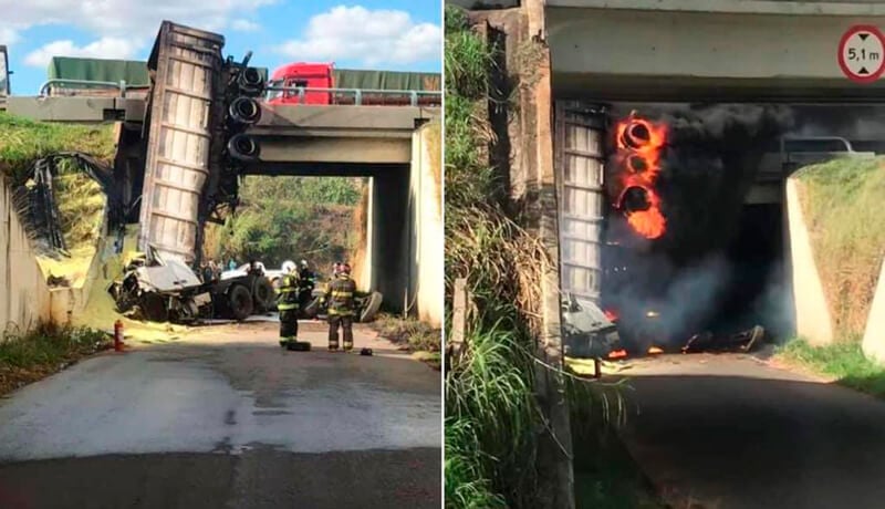 Caminhão pendurado em viaduto