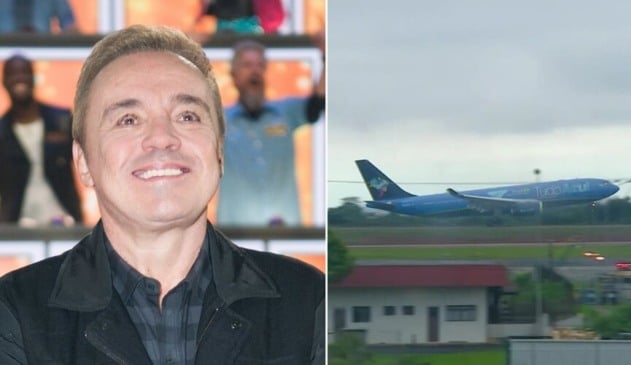 À esquerda, Gugu Liberato sorrindo; à direita, avião azul pousando em aeroporto