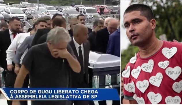 caixão sendo carregado, à esquerda; homem com camisa cheia de corações, à direita