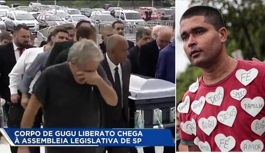 caixão sendo carregado, à esquerda; homem com camisa cheia de corações, à direita