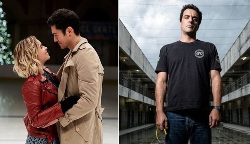 Casal abraçado se olhando, à esquerda; ator Rodrigo Lombardi, à direita