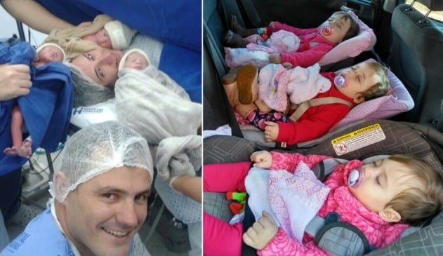 Mulher em mesa cirúrgica, com três bebês e um homem, à esquerda; três bebês com roupas rosa nas cadeirinhas de veículo, à direita