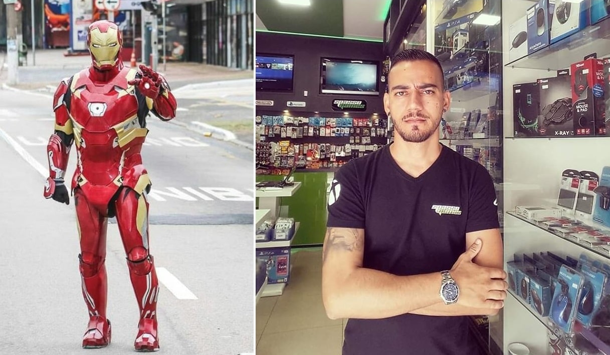 Homem de Ferro em avenida de Jundiaí, à esquerda; Rapaz com camiseta preta em loja gamer, à direita