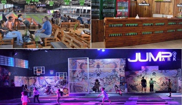 Foto do restaurante, camas elásticas e bar do parque