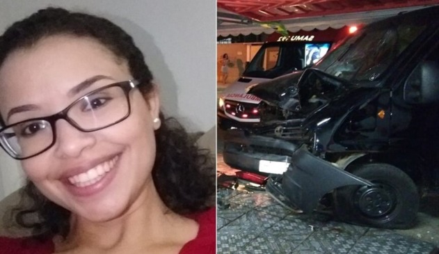 Mulher jovem de óculos, cabelos cacheados e blusa rosa sorrindo, à esquerda; van destruída após batida, à direita