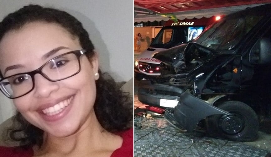 Mulher jovem de óculos, cabelos cacheados e blusa rosa sorrindo, à esquerda; van destruída após batida, à direita