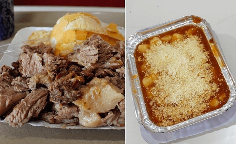 Costela desfiada, à esquerda; porção de nhoque, à direita