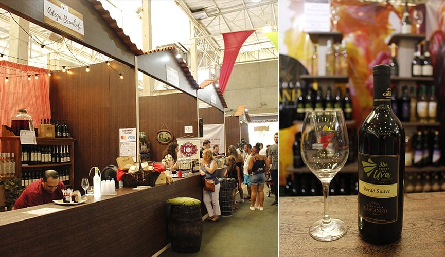 Foto de estande, à direita; foto de uma taça de vinho, à esquerda