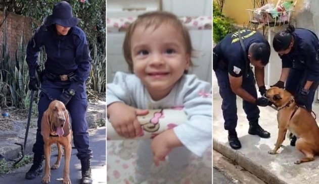 Foto de guarda com cão farejador, à esquerda; foto de bebê ao centro; foto de outro guarda com outro cão farejador, à direita