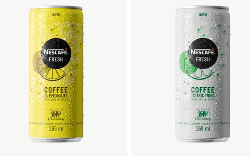 Latas da bebida em dois rótulos