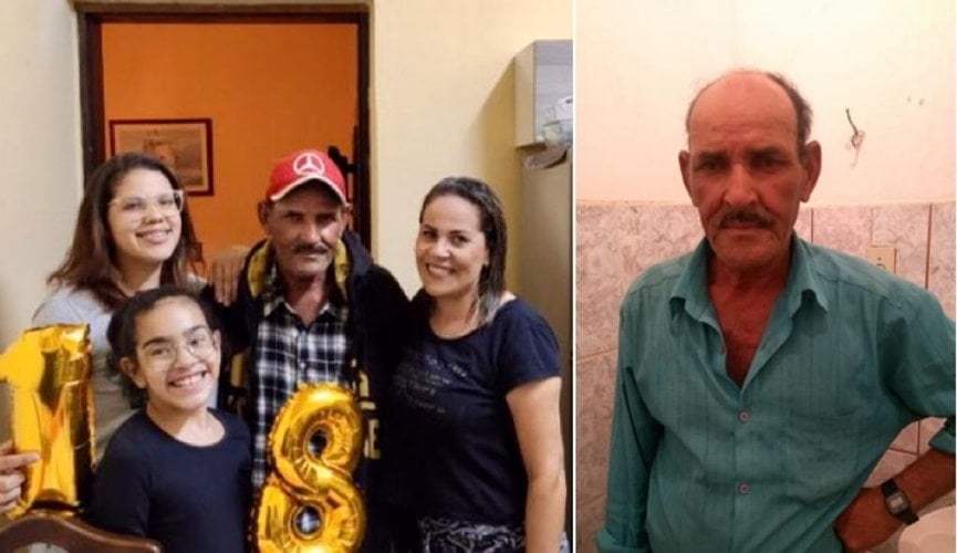 Foto de família reunida, à esquerda; foto de idoso, á direita