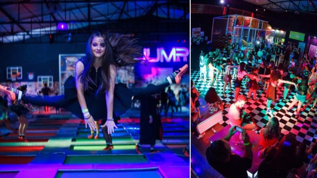 menina pulando e fazendo abertura ao lado pista de dança