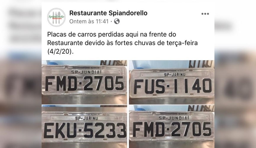 Foto de placas de veículos em publicação de Facebook