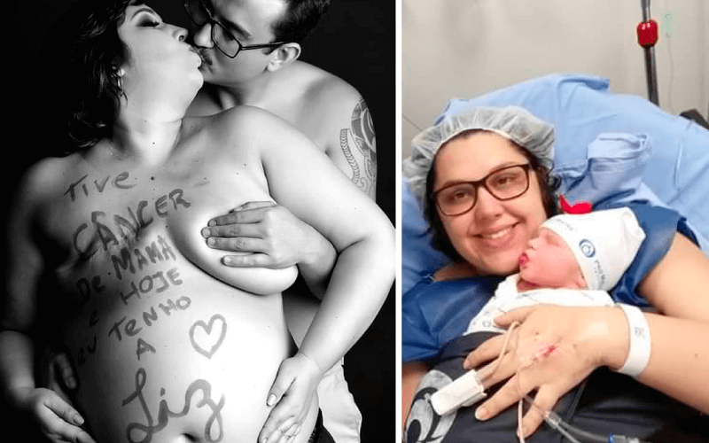 Milena e Leandro no ensaio da gravidez e ainda no hospital, depois do nascimento da filha Liz. (Foto: Arquivo pessoal)